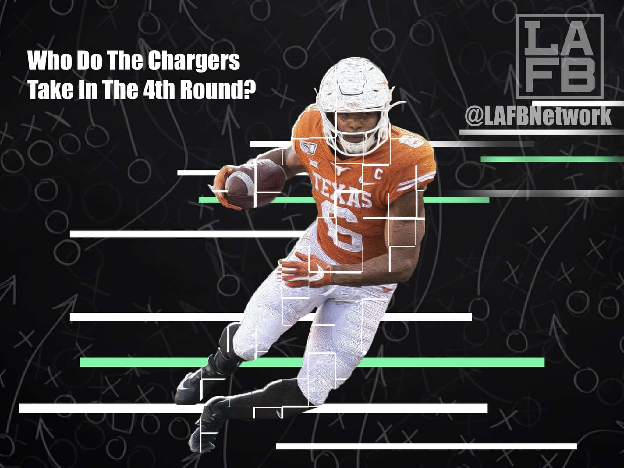 Who To Take At 112? Predicting The Chargers 4th Round Pick 3 NFL WR Prospect Devin Duvernay. Photo Credit: TexasSports.com | LAFB Network Graphic