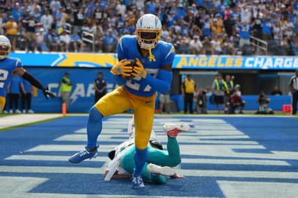 NFL: Miami Dolphins at Los Angeles Chargers. Chargers Corner J.C. Jackson Intercepts The Ball In The End Zone.