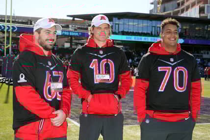 NFL: Pro Bowl-AFC Practice | Los Angeles Chargers Justin Herbert, Rashawn Slater, And Corey Linsley