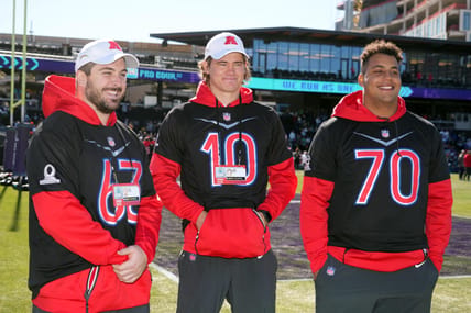 NFL: Pro Bowl-AFC Practice | Los Angeles Chargers Justin Herbert, Rashawn Slater, And Corey Linsley