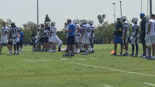 Los Angeles Chargers Receiver Mike Williams (81) With Teammates During Training Camp In 2018. Photo Credit: Ryan Dyrud | Sports Al Dente