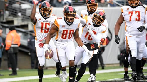 EAST RUTHERFORD, NJ - FEBRUARY 29: Saeed Blacknall #80 of the LA Wildcats celebrates with teammates after pulling in a 42 yard pass for a touchdown during the XFL game against the New York Guardians at MetLife Stadium on February 29, 2020 in East Rutherford, New Jersey. (Photo by Miguel Saavedra/XFL via Getty Images)