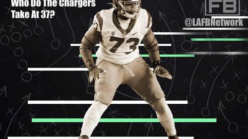 Who To Take At 37? Predicting The Chargers 2nd Round Pick 4 Chargers 2nd Round Pick, Austin Jackson? Photo Credit: Austin Jackson - Joe Robbins | Getty Images | An LAFB Network Graphic