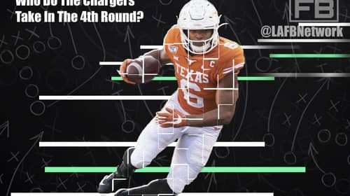 Who To Take At 112? Predicting The Chargers 4th Round Pick 6 NFL WR Prospect Devin Duvernay. Photo Credit: TexasSports.com | LAFB Network Graphic
