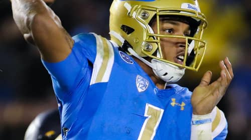 UCLA Bruins quarterback Dorian Thompson-Robinson (1) attempts a pass in the fourth quarter; Cal at UCLA, November 30, 2019, Los Angeles, CA. Photo Credit: Steve Cheng | Under Creative Commons License