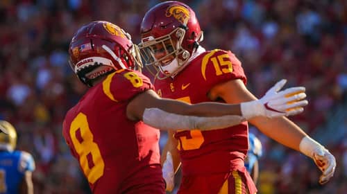 USC Trojans In The NFL: Vera-Tucker To Jets In 1st Round, 4 Others Drafted On Day 3 2 USC Trojans wide receiver Amon-Ra St. Brown (8) and Drake London celebrate after London's touchdown catch; UCLA at USC. November 23, 2019, Los Angeles, CA. Photo Credit: Steve Cheng | Under Creative Commons License
