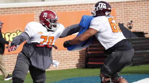 Stock Watch For The Offensive Tackles At The Senior Bowl 4 1/27/21 Practice SeniorBowl Photo by Jeff Hanson