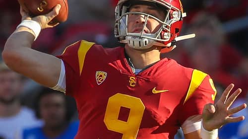 USC Trojans quarterback Kedon Slovis (9) passes to USC Trojans wide receiver Drake London (15) for a 32-yard touchdown pass in the third quarter; UCLA at USC. November 23, 2019, Los Angeles, CA. Photo Credit: Steve Cheng | Bruin Report | Creative Commons License