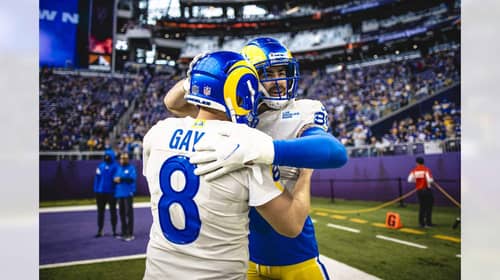 Los Angeles Rams Kicker Matt Gay And Tight End Tyler Higbee. Photo Credit: Brevin Townsell | LA Rams