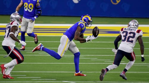 Wide receiver Josh Reynolds #11 of the Los Angeles Rams can???t reach a pass against the New England Patriots in the first half of a NFL football game at SoFi Stadium in Inglewood on Thursday, December 10, 2020. (Photo by Keith Birmingham, Pasadena Star-News/SCNG)