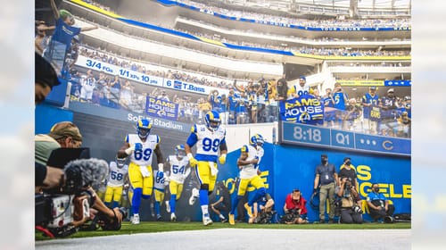 Los Angeles Rams Defense Runs Out Of The Tunnel At Sofi Stadium. Photo Credit: Jeff Lewis | LA Rams