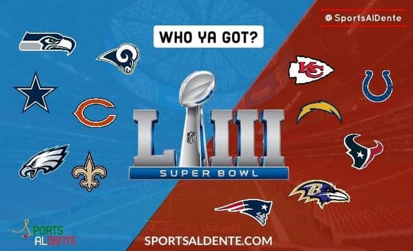SAD Staff Super Bowl Predictions 2 AFC vs NFC Super Bowl Graphic. A Sports Al Dente Illustration via Ryan Bertrand