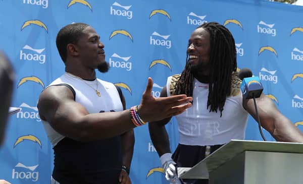 Los Angeles Chargers Linebacker Denzel Perryman With Running Back Melvin Gordon