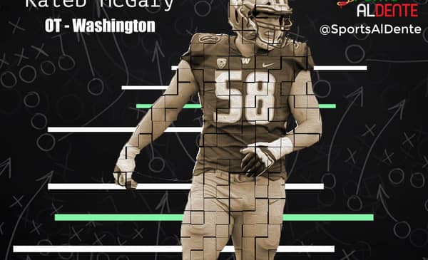 Kaleb McGary NFL Draft Profile. Photo Credit: M. Samek | 247Sports | Sports Al Dente Illustration