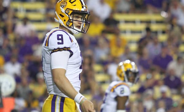 LSU Tigers quarterback Joe Burrow, #9, LSU Tigers vs Georgia Southern Eagles, August 31, 2019, Tiger Stadium, Baton Rouge, Louisiana, Tammy Anthony Baker, Photographer @tabinla @tmabaker | Under Creative Commons License