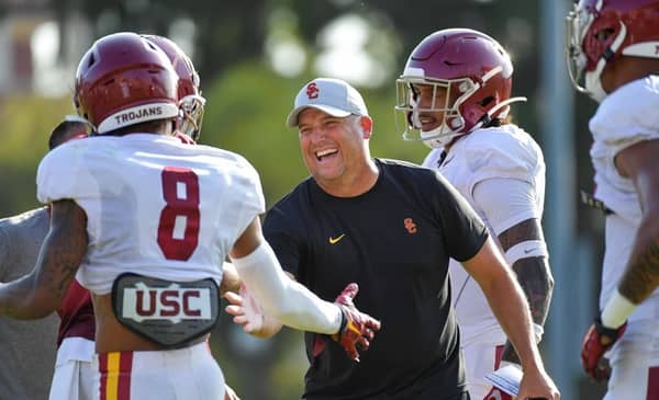 Former USC Head Coach Clay Helton During Fall Camp. Photo Credit: John McGillen/USC Athletics