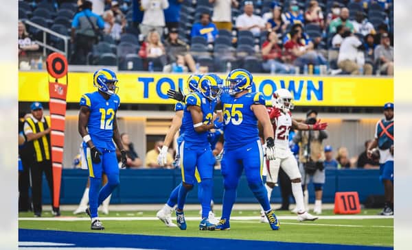 Los Angeles Rams Center Brian Allen Celebrates With Teammates. Photo Credit: Kelly Smiley | TheRams.com