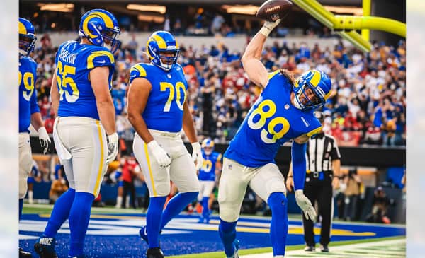 Los Angeles Rams Tight End Tyler Higbee Celebrates A Touchdown Against The San Francisco 49ers. Photo Credit: Brevin Townsell | Los Angeles Rams