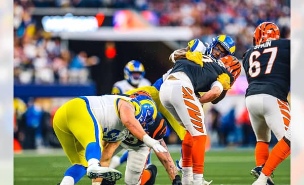 Los Angeles Rams Linebacker Leonard Floyd Sacks Joe Burrow In Super Bowl LVI. Photo Credit: Jeff Lewis | LA Rams