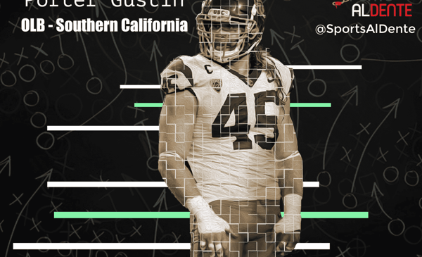 Porter Gustin NFL Draft Profile. Photo Credit: Salt Lake Tribune / Sports Al Dente Illustration