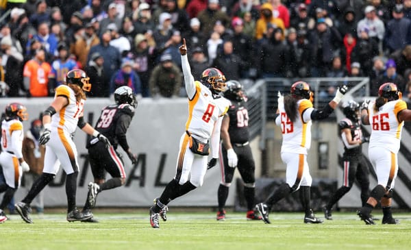 EAST RUTHERFORD, NJ - FEBRUARY 29: Josh Johnson #8 of the LA Wildcats celebrates during the XFL game against the New York Guardians at MetLife Stadium on February 29, 2020 in East Rutherford, New Jersey. (Photo by Rob Tringali/XFL via Getty Images)