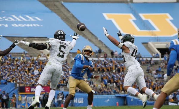 Dorian Thompson-Robinson Throwing Against Oregon. Photo Credit: Eric Hurd | UCLA Athletics
