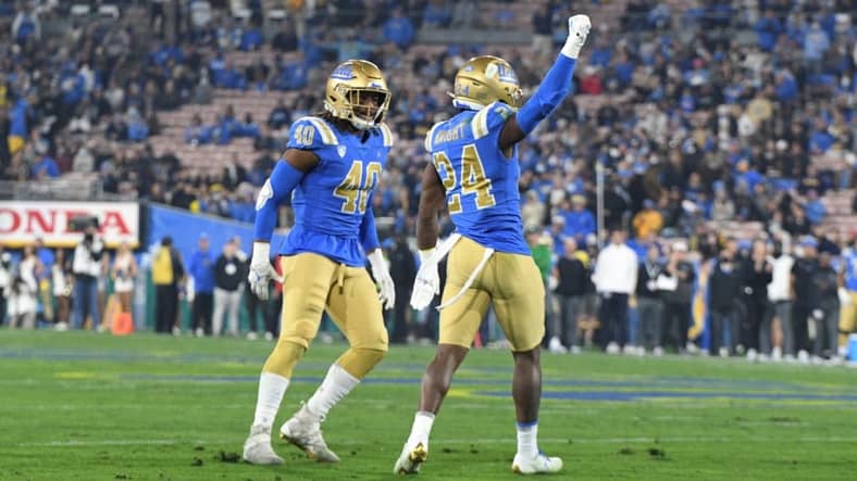 UCLA Secondary: Can This Recently Struggling Unit Turn It Around With A Potential Star And Two Huge Transfers? 2 UCLA's Caleb Johnson And Qwantrezz Knight In 2021 Against The Cal Bears. Photo Credit: Ross Turteltaub | UCLA Athletics