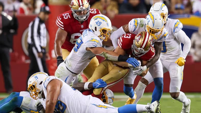 The Story Of The Chargers Improved Run Defense In Their Week 10 Loss to the 49ers 2 Los Angeles Chargers Run Defense Stops Christian McCaffrey Photo Credit: Mike Nowak | Los Angeles Chargers