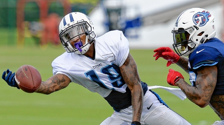 Top 5 Fantasy Rookies 3 Tennessee Titans wide receiver Tajae Sharpe reaching for a ball during practice. (AP Photo/Mark Zaleski)