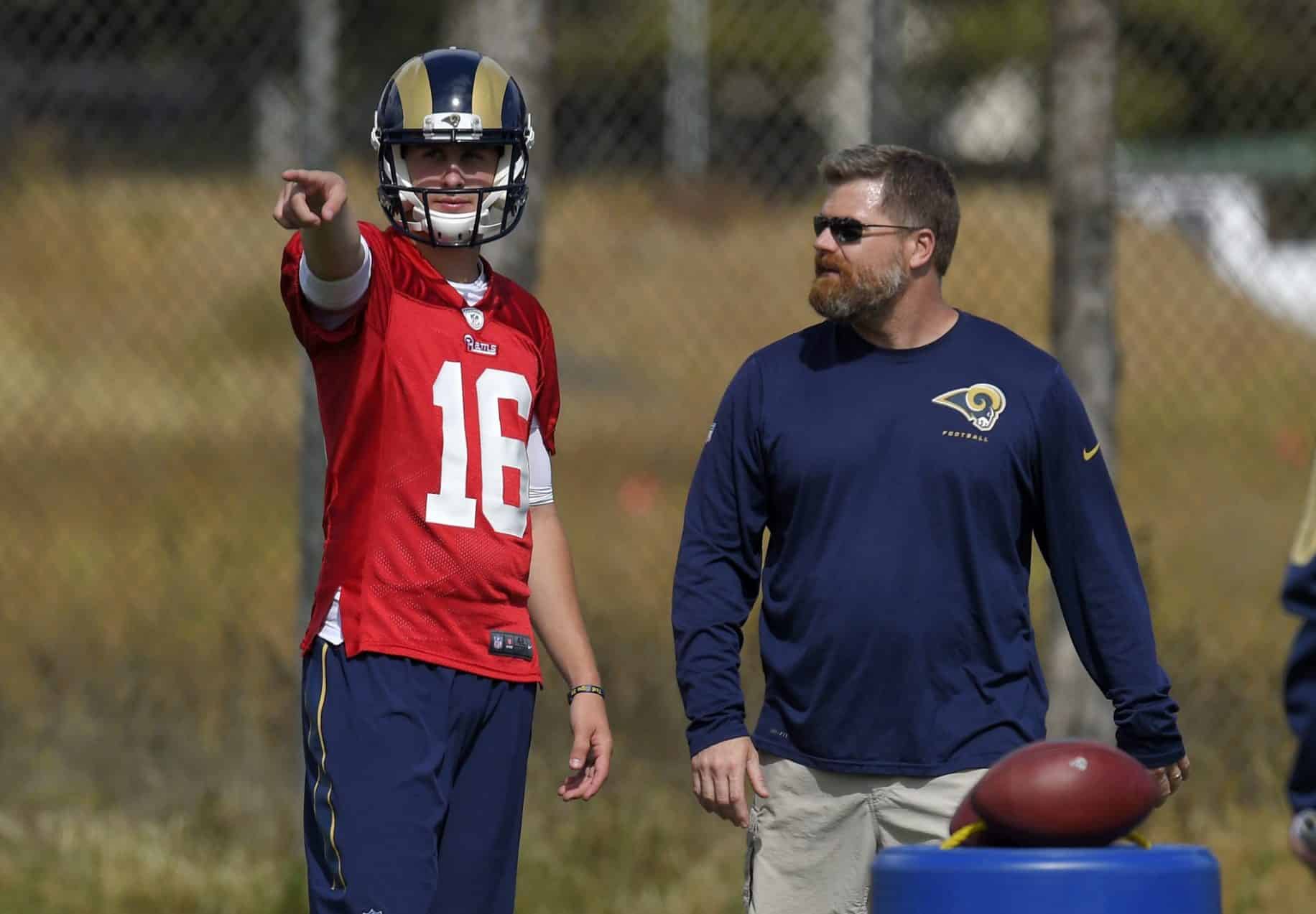 Los Angeles Rams Offensive Coordinator Rob Boras with rookie quarterback Jared Goff (AP Photo/Mark J. Terrill)