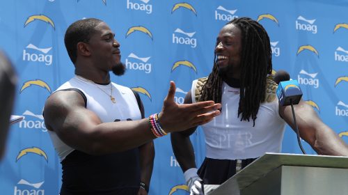 Los Angeles Chargers Linebacker Denzel Perryman With Running Back Melvin Gordon