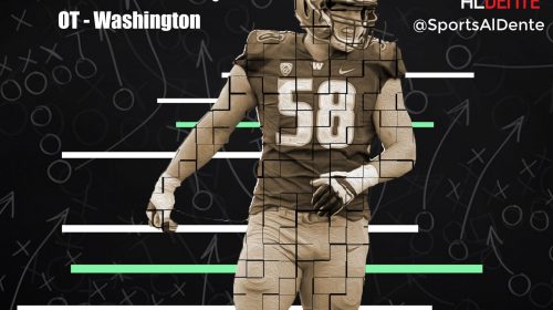 Kaleb McGary NFL Draft Profile. Photo Credit: M. Samek | 247Sports | Sports Al Dente Illustration