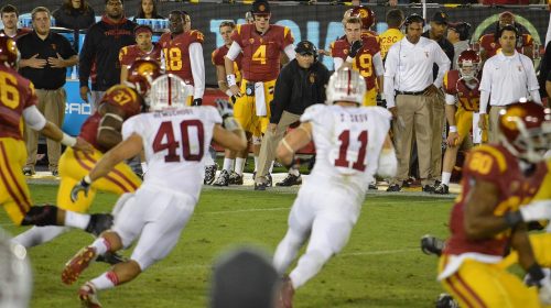 USC Coach Clay Helton On The Sideline. Photo Credit: Daniel Hartwig | Under Creative Commons License