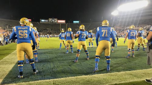 UCLA Offensive Linemen Warmup Before Final Game Of 2019 Season. Photo Credit: Ryan Dyrud | The LAFB Network