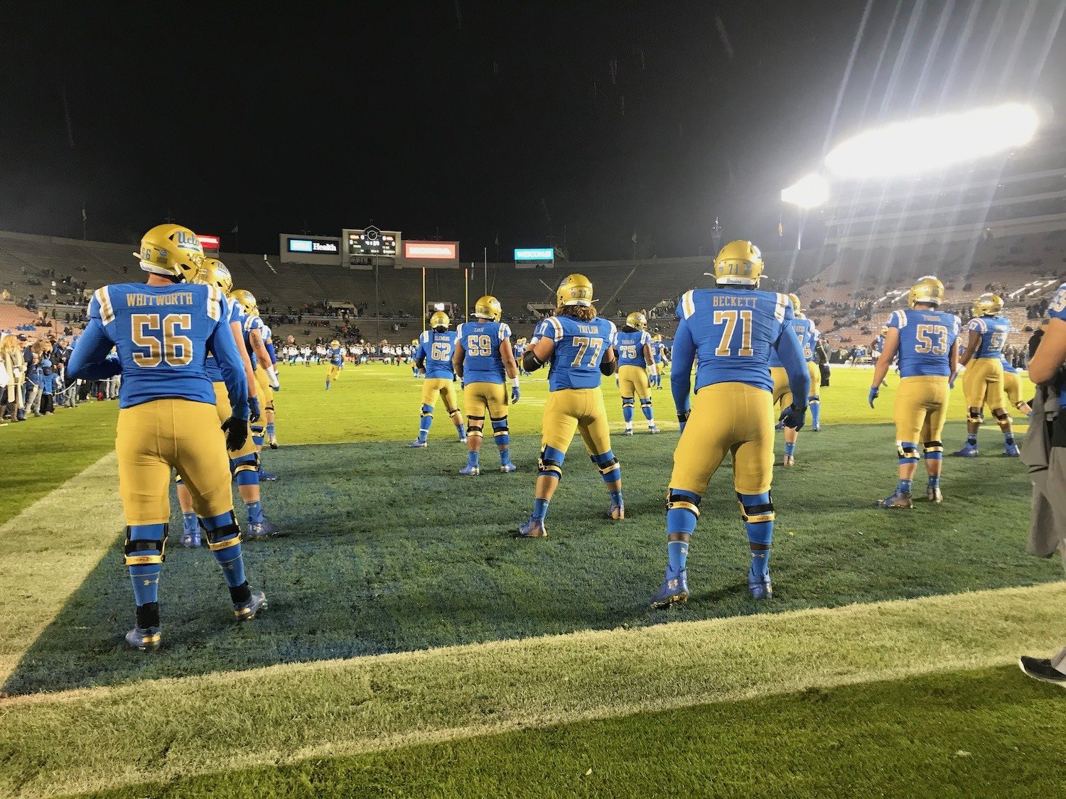 UCLA Offensive Linemen Warmup Before Final Game Of 2019 Season. Photo Credit: Ryan Dyrud | The LAFB Network