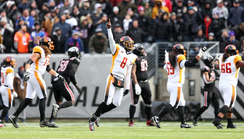 EAST RUTHERFORD, NJ - FEBRUARY 29: Josh Johnson #8 of the LA Wildcats celebrates during the XFL game against the New York Guardians at MetLife Stadium on February 29, 2020 in East Rutherford, New Jersey. (Photo by Rob Tringali/XFL via Getty Images)