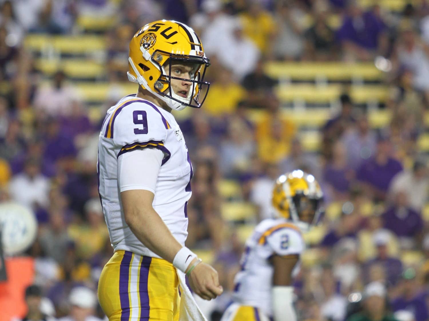 LSU Tigers quarterback Joe Burrow, #9, LSU Tigers vs Georgia Southern Eagles, August 31, 2019, Tiger Stadium, Baton Rouge, Louisiana, Tammy Anthony Baker, Photographer @tabinla @tmabaker | Under Creative Commons License