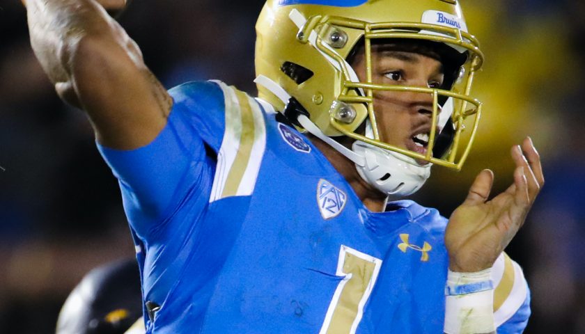 UCLA Bruins quarterback Dorian Thompson-Robinson (1) attempts a pass in the fourth quarter; Cal at UCLA, November 30, 2019, Los Angeles, CA. Photo Credit: Steve Cheng | Under Creative Commons License