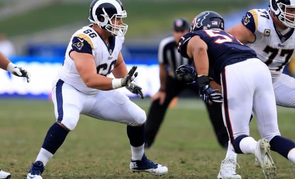 LOS ANGELES, CA - NOVEMBER 12: Austin Blythe #66 of the Los Angeles Rams blocks during the first half of game against the Houston Texans at Los Angeles Memorial Coliseum on November 12, 2017 in Los Angeles, California. (Photo by Sean M. Haffey/Getty Images)