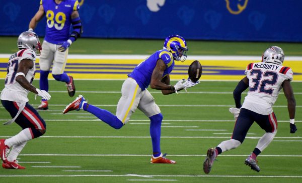 Wide receiver Josh Reynolds #11 of the Los Angeles Rams can???t reach a pass against the New England Patriots in the first half of a NFL football game at SoFi Stadium in Inglewood on Thursday, December 10, 2020. (Photo by Keith Birmingham, Pasadena Star-News/SCNG)