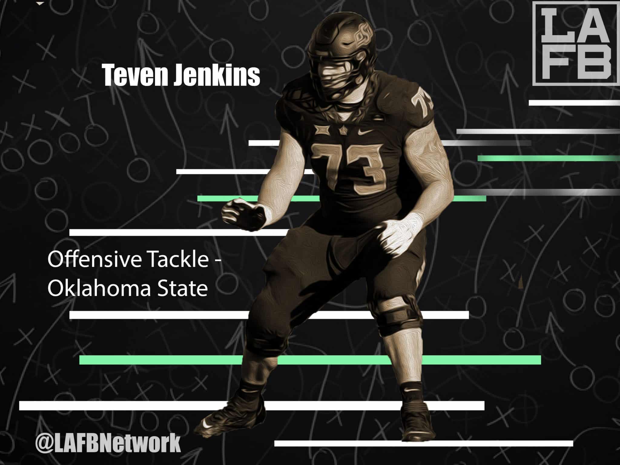 Oklahoma State Offensive Tackle Teven Jenkins. Photo Credit: Sue Ogrocki | Associated Press | LAFB Network Graphic
