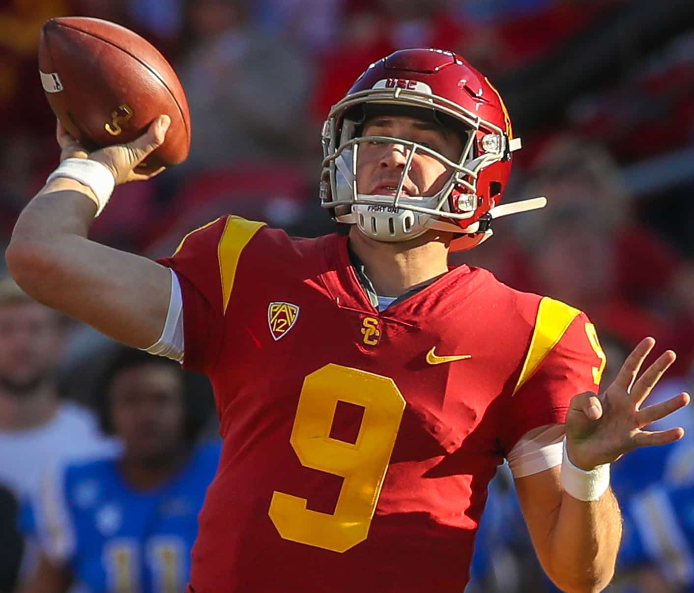 USC Trojans quarterback Kedon Slovis (9) passes to USC Trojans wide receiver Drake London (15) for a 32-yard touchdown pass in the third quarter; UCLA at USC. November 23, 2019, Los Angeles, CA. Photo Credit: Steve Cheng | Bruin Report | Creative Commons License