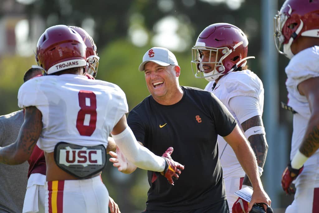 Former USC Head Coach Clay Helton During Fall Camp. Photo Credit: John McGillen/USC Athletics