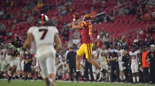 USC Trojans Wide Receiver Drake London Catches A Pass Against Oregon State. Photo Credit: USC Athletics
