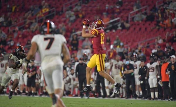 USC Trojans Wide Receiver Drake London Catches A Pass Against Oregon State. Photo Credit: USC Athletics