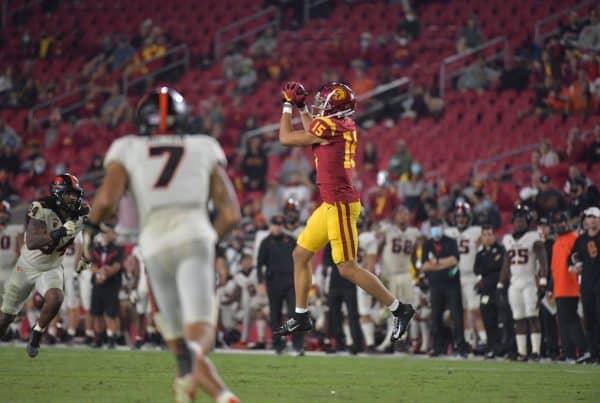 USC Trojans Wide Receiver Drake London Catches A Pass Against Oregon State. Photo Credit: USC Athletics
