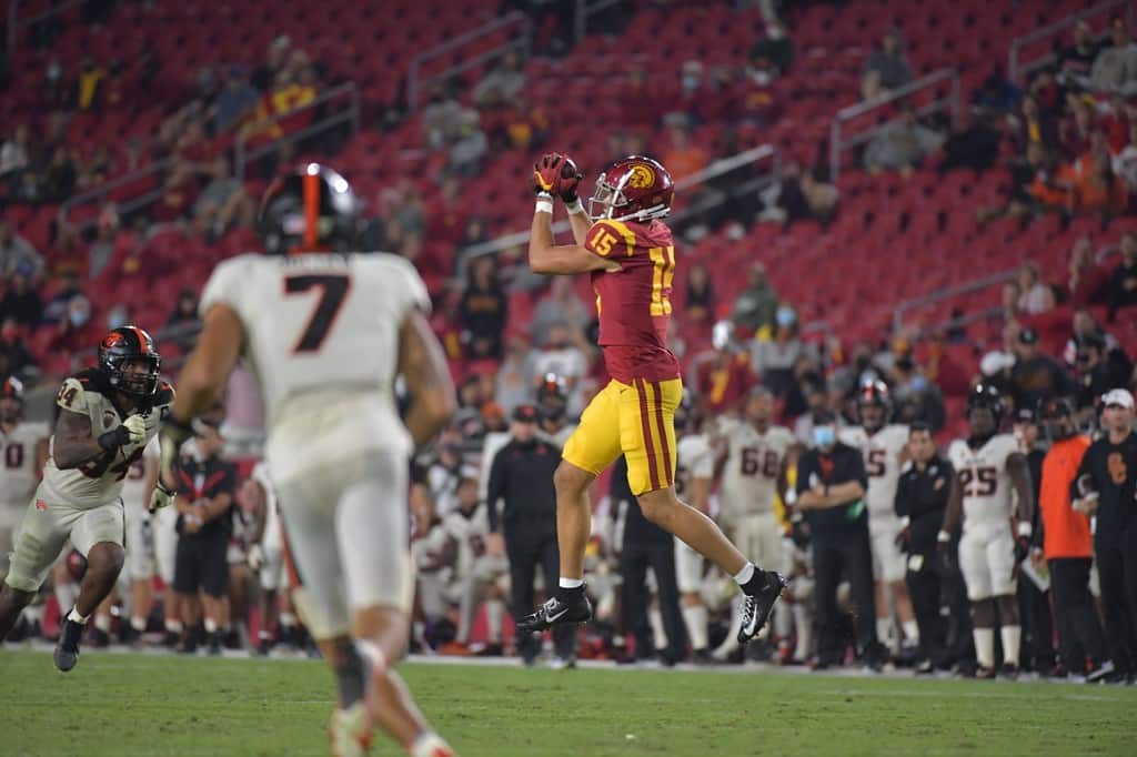 USC Trojans Wide Receiver Drake London Catches A Pass Against Oregon State. Photo Credit: USC Athletics