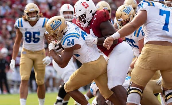 UCLA Running Back Zach Charbonnet Runs The Football Against Stanford. Photo Credit: Stan Szeto | USA Today Sports | UCLA Athletics