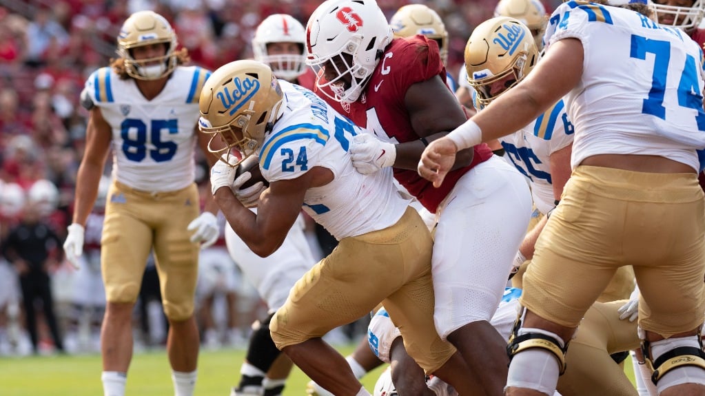 UCLA Running Back Zach Charbonnet Runs The Football Against Stanford. Photo Credit: Stan Szeto | USA Today Sports | UCLA Athletics