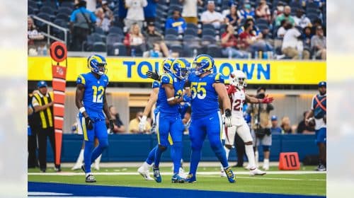 Los Angeles Rams Center Brian Allen Celebrates With Teammates. Photo Credit: Kelly Smiley | TheRams.com
